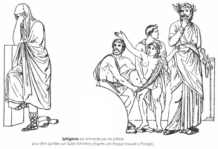 <B>Iphigénie</B> est emmenée par les prêtres pour être sacrifiée sur l'autel d'Artémis.