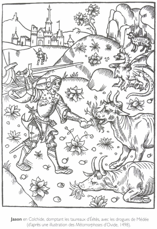 Jason en Colchide, domptant les taureaux d'Éétès, avec les drogues de Médée.