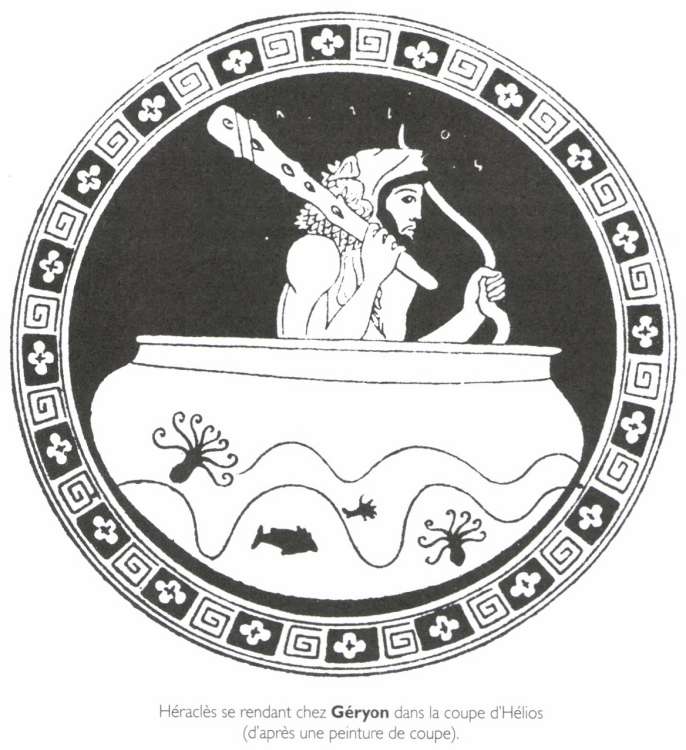Héraclès se rendant chez Géryon dans la coupe d'Hélios. Héraclès se rendant chez Géryon dans la coupe d'Hélios.