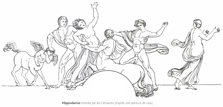 Hippodamie enlevée par les Centaures (d'après une peinture de vase). Hippodamie enlevée par les Centaures (d'après une peinture de vase).