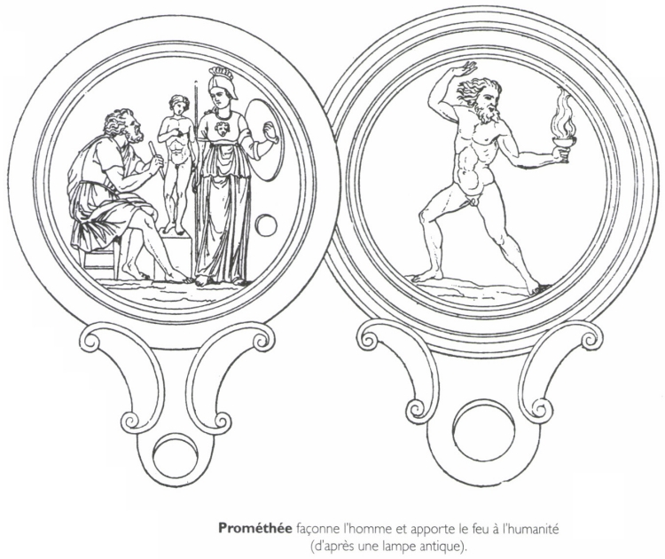 Prométhée façonne l'homme et apporte le feu à l'humanité.