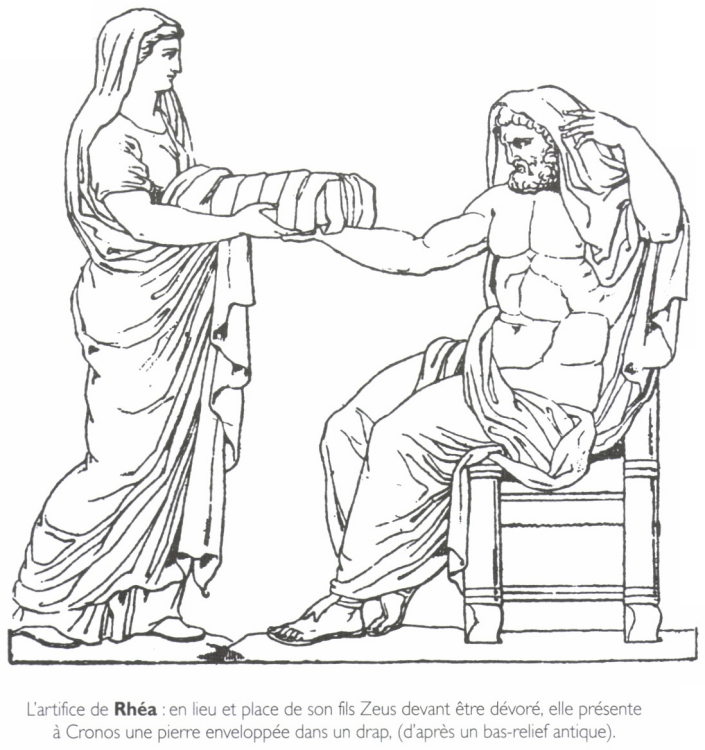 L'artifice de <B>Rhéa</B> : en lieu et place de son fils Zeus devant être dévoré, elle présente à Cronos une pierre enveloppée dans un drap.