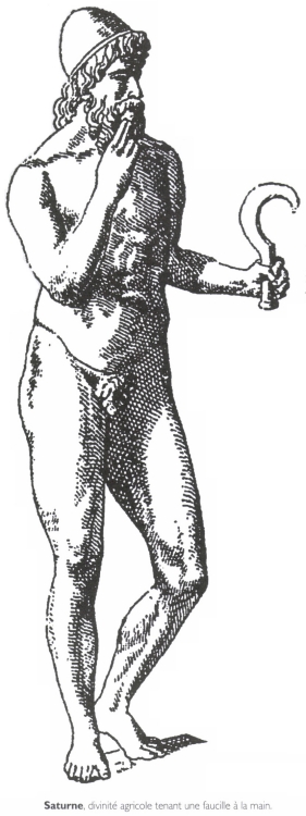 Saturne, divinité agricole tenant une faucille à la main.