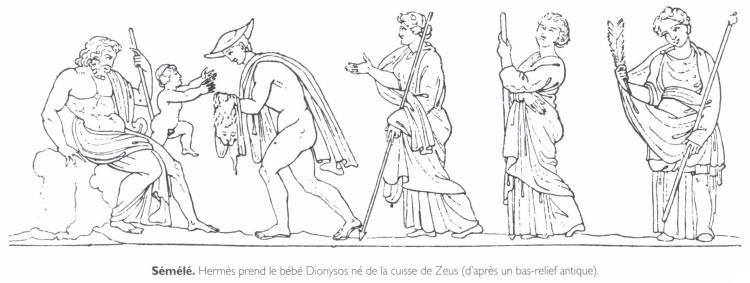 Sémélé. Hermès prend le bébé Dionysos né de la cuisse de Zeus. Sémélé. Hermès prend le bébé Dionysos né de la cuisse de Zeus.
