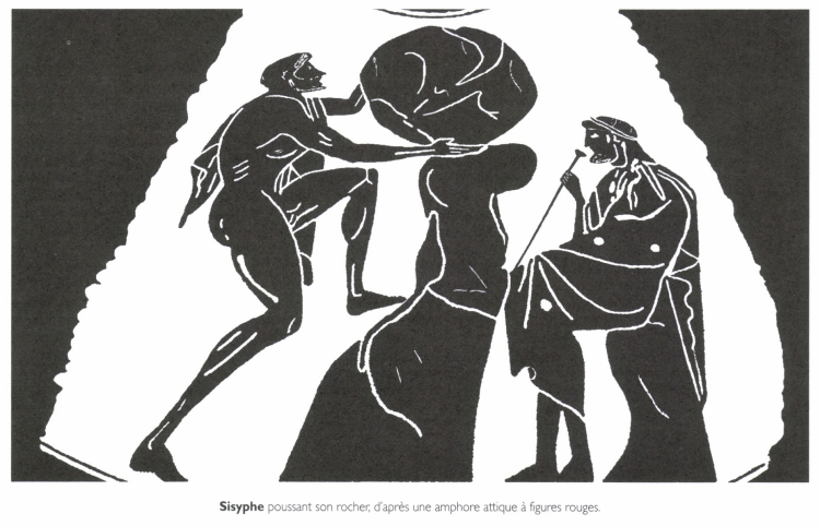 <B>Sisyphe</B> poussant son rocher, d'après une amphore attique à figures rouges. <B>Sisyphe</B> poussant son rocher, d'après une amphore attique à figures rouges.