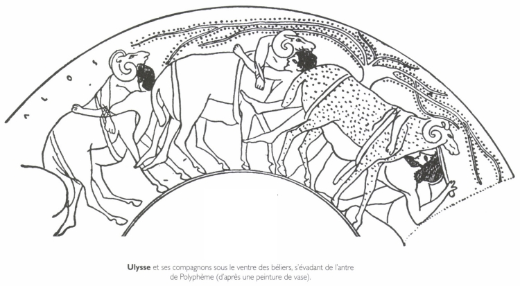 <B>Ulysse</B> et ses compagnons sous le ventre des béliers, s'évadant de l'antre de Polyphème.