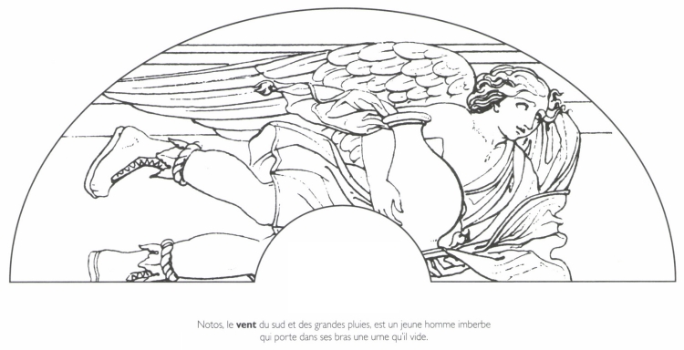 Notos, le <B>vent</B> du sud et des grandes pluies, est un jeune homme imberbe qui porte dans ses bras une urne qu'il vide.