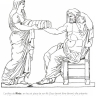 L'artifice de Rhéa : en lieu et place de son fils Zeus devant être dévoré, elle présente à Cronos une pierre enveloppée dans un drap. L'artifice de Rhéa : en lieu et place de son fils Zeus devant être dévoré, elle présente à Cronos une pierre enveloppée dans un drap.